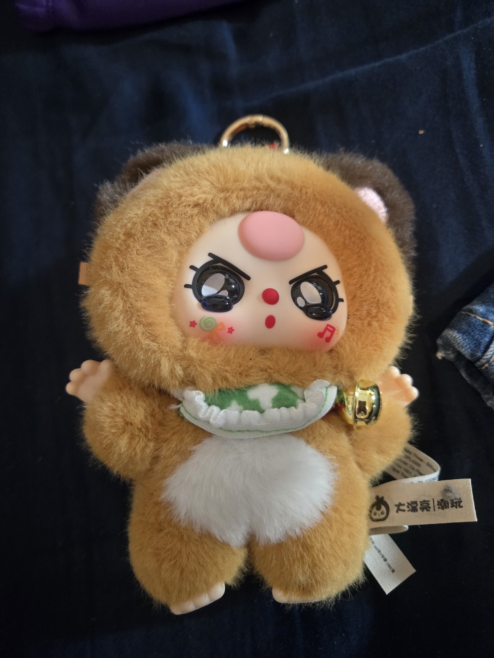 Baby Three Fluffy Tan & White Character Keychain with Green Scarf & Bell